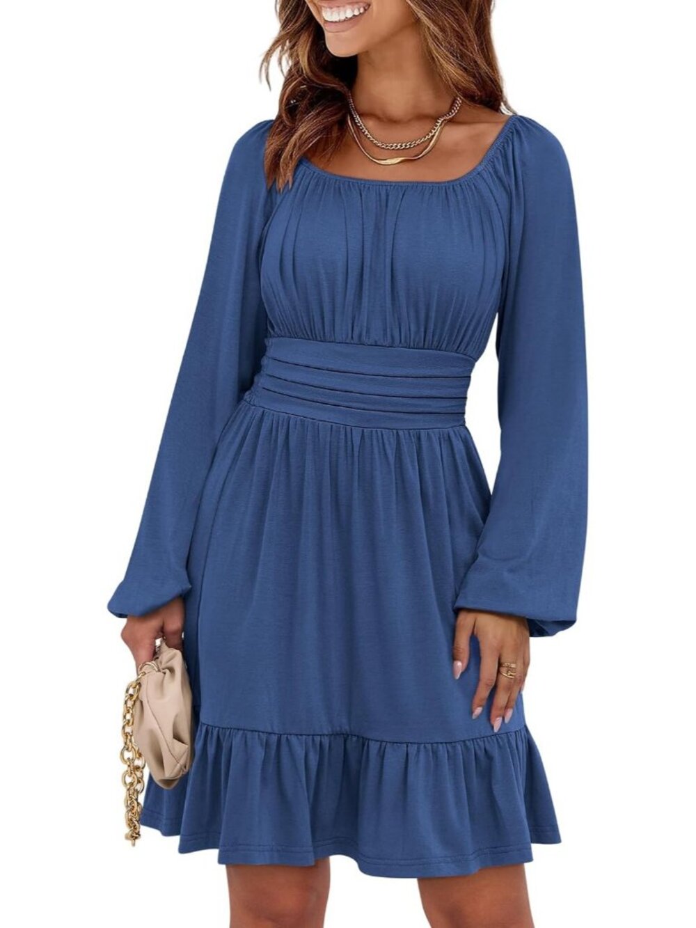 Women's Dark Blue Lantern Sleeve Square Neck Elastic Waist A-Line Short Dress